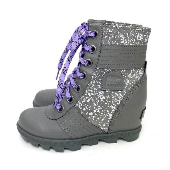 SOREL Lexie Leather Wedge Lace up Boots Metallic Silver Gray Style 182247105 - Picture 6 of 11